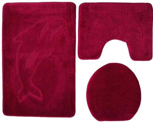 Ilkadim Export 3-teiliges Badset WC Delphin Muster einfarbig, Badteppich 55x85cm, WC-Vorleger mit Ausschnitt für Stand-WC (Bordeaux) von Ilkadim Export