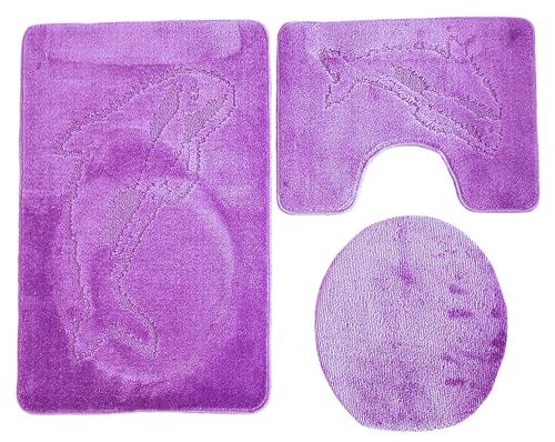 Ilkadim Export 3-teiliges Badset WC Delphin Muster einfarbig, Badteppich 55x85cm, WC-Vorleger mit Ausschnitt für Stand-WC (Lila) von Ilkadim Export