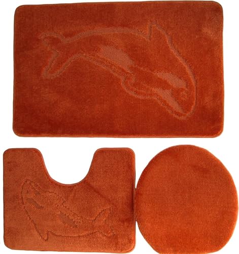 Ilkadim Export 3-teiliges Badset WC Delphin Muster einfarbig, Badteppich 55x85cm, WC-Vorleger mit Ausschnitt für Stand-WC (Terracotta) von Ilkadim Export