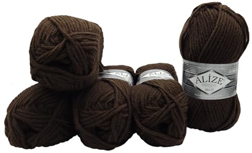 Ilkadim Export Superlana Maxi 5 x 100 Gramm schöne dicke Wolle zum Stricken und häkeln, 500 Gramm Strickwolle 75% Acryl 25% Wolle (dunkel braun 26) von Ilkadim Export