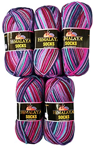 5 x 100 Gramm Sockenwolle lila Flieder rosa türkis blau 140-02, 500 Gramm Wolle für Stricksocken und Strümpfe von Ilkadim