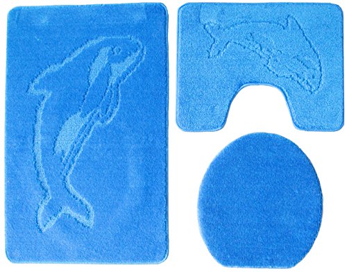 Ilkadim Delphin Badgarnitur 3 TLG. Set 55x85 cm einfarbig, WC Vorleger mit Ausschnitt für Stand-WC (hellblau) von Ilkadim