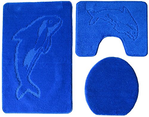 Ilkadim Delphin Badgarnitur 3 TLG. Set 55x85 cm einfarbig, WC Vorleger mit Ausschnitt für Stand-WC (royal blau) von Ilkadim
