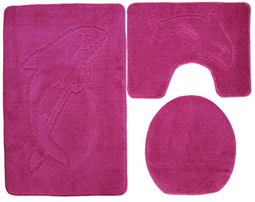 Delphin Badgarnitur 3 tlg. Set 55x85 cm einfarbig, WC Vorleger mit Ausschnitt für Stand-WC (pink) von Ilkadim