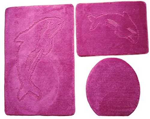 Delphin Badgarnitur 3 tlg. Set 55x85 cm einfarbig, WC Vorleger ohne Ausschnitt für Hänge-WC (pink) von Ilkadim