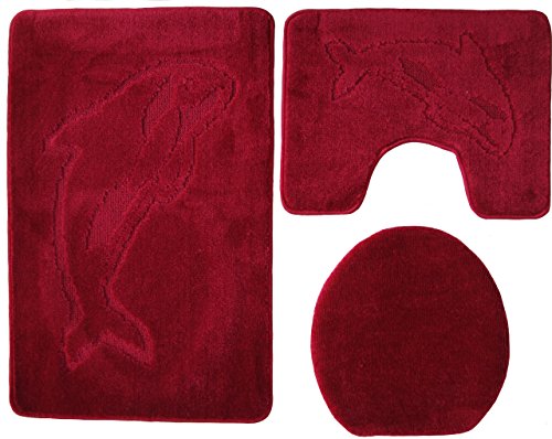 Ilkadim 3- teilig Badgarnitur 100x60cm Badset Delphin Stand-WC Badematten Badteppich (Bordeaux rot) von Ilkadim