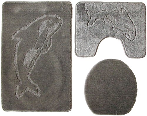 Ilkadim 3- teilig Badgarnitur 100x60cm Badset Delphin Stand-WC Badematten Badteppich (grau) von Ilkadim