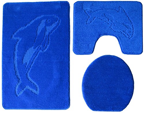 Ilkadim 3- teilig Badgarnitur 100x60cm Badset Delphin Stand-WC Badematten Badteppich (royal blau) von Ilkadim