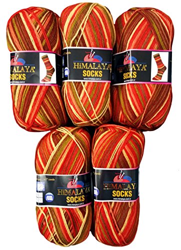 Ilkadim 5 x 100 Gramm Sockenwolle orange beige rot braun Oliv 140-03, 500 Gramm Wolle für Stricksocken und Strümpfe von Ilkadim