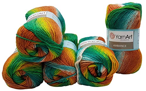 5 x 100 g YarnArt Ambiance Strickwolle mehrfarbig mit Farbverlauf, 500 Gramm Strickgarn mit 20% Wolle-Anteil (grün terrakotta türkis 152) von Ilkadim