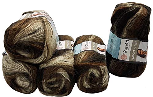 5 x 100 g YarnArt Angora Active Strickwolle mehrfarbig mit Farbverlauf, 500 Gramm Strickgarn mit 25% Mohair Wolle-Anteil (dunkelbraun braun creme 849) von Ilkadim