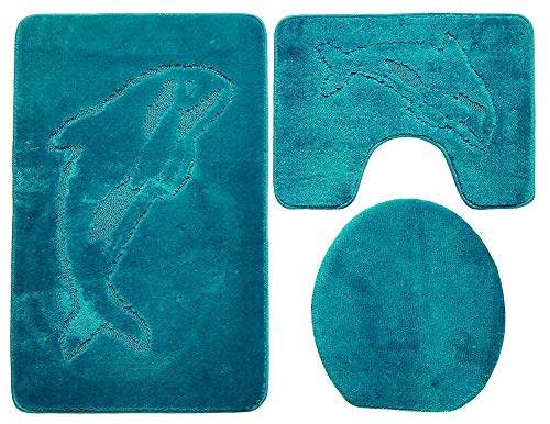 Ilkadim Delphin Badgarnitur 3 TLG. Set 55x85 cm einfarbig, WC Vorleger mit Ausschnitt für Stand-WC (Petrol hell) von Ilkadim