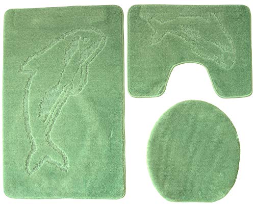Ilkadim Delphin Badgarnitur 3 TLG. Set 55x85 cm einfarbig, WC Vorleger mit Ausschnitt für Stand-WC (grün) von Ilkadim