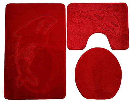 Ilkadim Delphin Badgarnitur 3 TLG. Set 55x85 cm einfarbig, WC Vorleger mit Ausschnitt für Stand-WC (rot) von Ilkadim