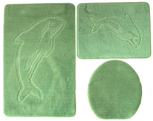 Ilkadim Delphin Badgarnitur 3 TLG. Set 55x85 cm einfarbig, WC Vorleger ohne Ausschnitt für Hänge-WC (grün) von Ilkadim