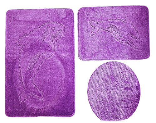 Ilkadim Delphin Badgarnitur 3 TLG. Set 55x85 cm einfarbig, WC Vorleger ohne Ausschnitt für Hänge-WC (lila) von Ilkadim