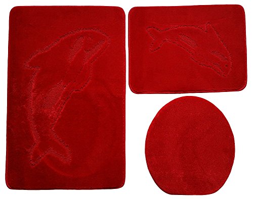 Delphin Badgarnitur 3 TLG. Set 55x85 cm einfarbig, WC Vorleger ohne Ausschnitt für Hänge-WC (rot) von Ilkadim