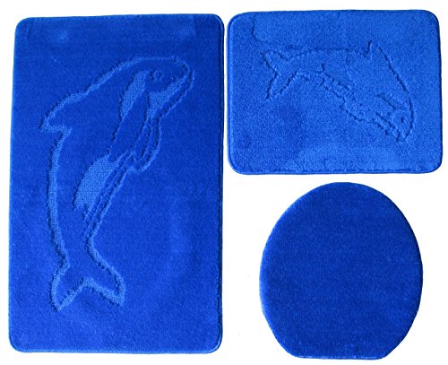 Delphin Badgarnitur 3 TLG. Set 55x85 cm einfarbig, WC Vorleger ohne Ausschnitt für Hänge-WC (royal blau) von Ilkadim
