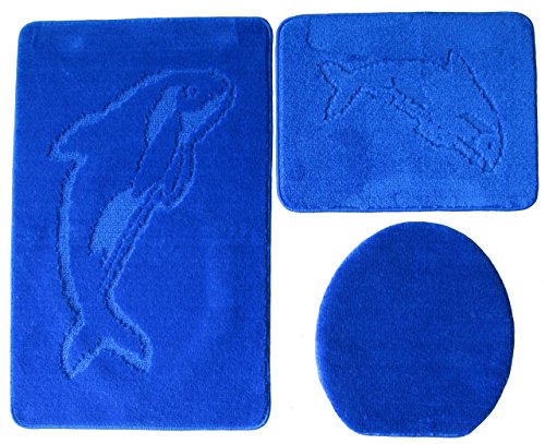 Ilkadim Delphin Badgarnitur 3 TLG. Set 55x85 cm einfarbig, WC Vorleger ohne Ausschnitt für Hänge-WC (royal blau) von Ilkadim