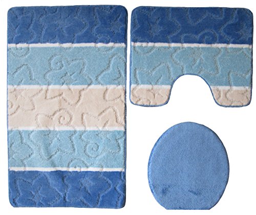 Orion Badgarnitur 3 TLG. Set 50x80 cm Mehrfarbig gestreift, WC Vorleger mit Ausschnitt für Stand-WC (blau hellblau Creme) von Ilkadim