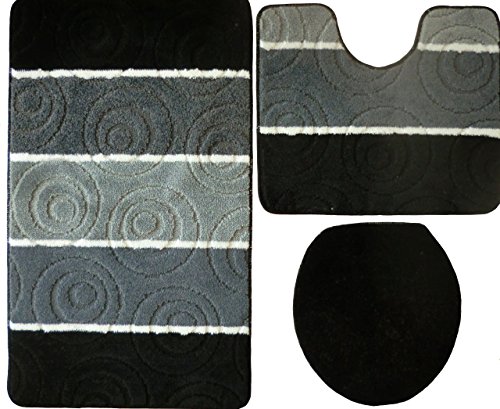 Orion Badgarnitur 3 TLG. Set 50x80 cm Mehrfarbig gestreift, WC Vorleger mit Ausschnitt für Stand-WC (schwarz grau) von Ilkadim