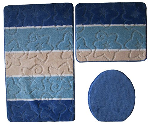 Orion Badgarnitur 3 TLG. Set 50x80 cm Mehrfarbig gestreift, WC Vorleger ohne Ausschnitt für Hänge-WC (dunkelblau blau Creme) von Ilkadim