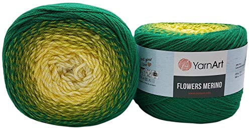 YarnArt Flowers Merino, 450 Gramm Bobbel Wolle Farbverlauf, 25% Schurwolle, Bobble Strickwolle Mehrfarbig (grün gelb weiß 538) von Ilkadim