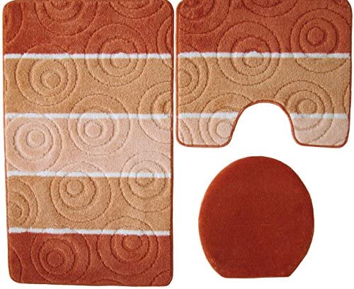 Orion Badgarnitur 3 TLG. Set 50x80 cm Mehrfarbig gestreift, WC Vorleger mit Ausschnitt für Stand-WC (lachs terrakotta) von Ilkadim