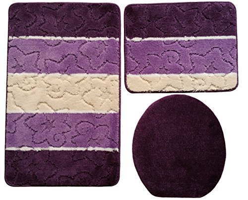Orion Badgarnitur 3 TLG. Set 50x80 cm Mehrfarbig gestreift, WC Vorleger ohne Ausschnitt für Hänge-WC (Beere lila beige) von Ilkadim