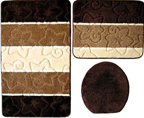 Orion Badgarnitur 3 TLG. Set 50x80 cm Mehrfarbig gestreift, WC Vorleger ohne Ausschnitt für Hänge-WC (Dunkelbraun braun Creme) von Ilkadim