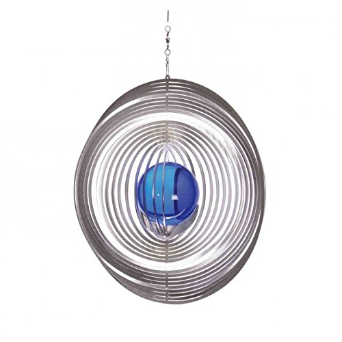 Illumino Edelstahl-Windspiel Kreis mit kobaltblauer 50mm Glaskugel von Illumino