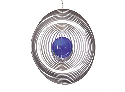 Illumino Edelstahl-Windspiel Kreis mit kobaltblauer 70mm Glaskugel von Illumino