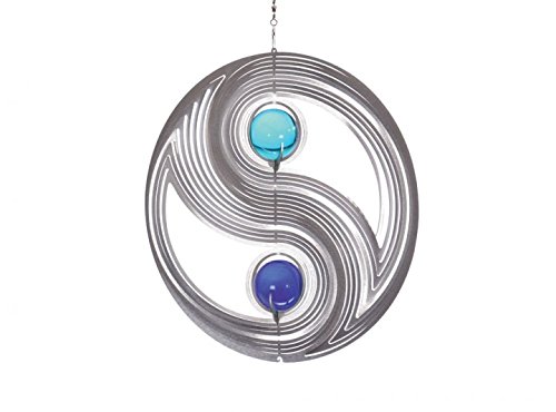 ILLUMINO Edelstahl Windspiel Yin Yang mit 35 mm Glaskugeln - Türkis & Kobaltblau, Windspiele für draußen hängend, Gartendeko für draußen, Fensterdeko hängend von Illumino