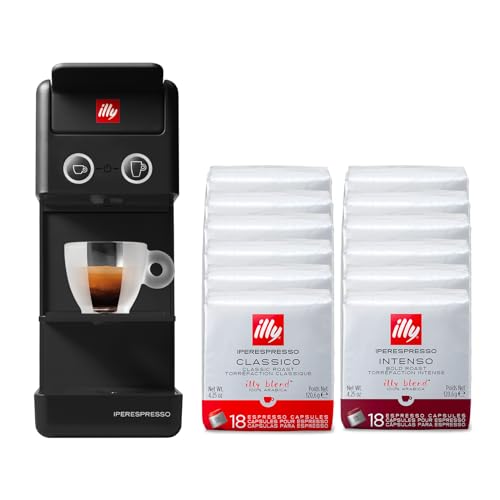 illy Y3.3 Hyperespresso-Kaffeemaschine in Schwarz mit 216 Kapseln Hyperespresso (108 Kapseln Hyperespesso Classic und 108 Kapseln Hyperespesso INTENSO) von Illy