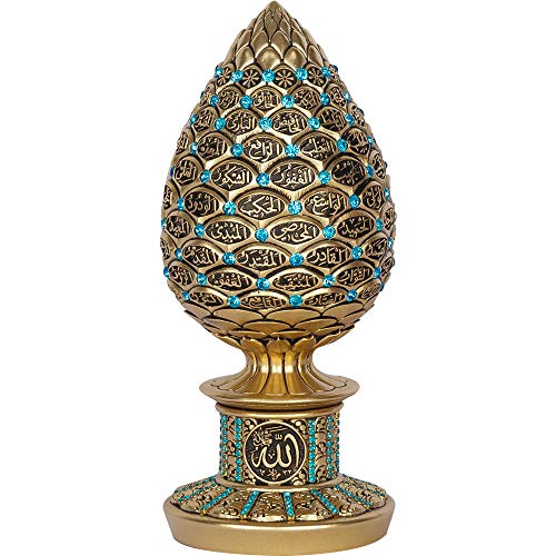 Islamische Heimdekoration, Regentropfen Decor, Eiförmig mit 99 Namen Allahs, Asma al Husna,Tischdeko, Kunstharz (16 cm, Gold-Hellblau) von Ilm Verlag