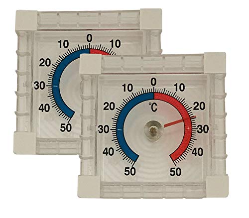 Iloda® 2X Fensterthermometer selbstklebend, transparent und analog ca. 7,5x7,5cm aus Kunststoff, Außenthermometer für Fenster, Thermometer Außen von Iloda
