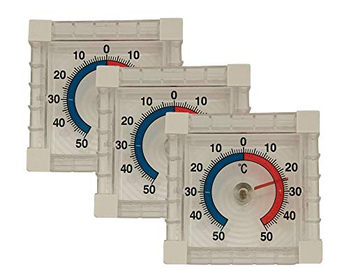 Iloda® 3X Fensterthermometer selbstklebend, transparent und analog ca. 7,5x7,5cm aus Kunststoff, Außenthermometer für Fenster, Thermometer Außen von Iloda