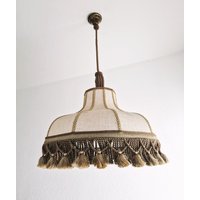 Seltene Vintage Leinen Pendellampe Mit Handgewebter Quaste, Große Handgefertigte Makramee Fransen Hängelampe, Natürliche Boho Brokat 60Er Jahre von Ilumdecor