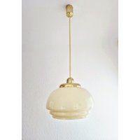 Vintage Opalglas Und Messing Befestigung Kuppelform, Deutsche Mcm Schulhaus Hängelampe, Bauhaus Jadegrüne Einbaulampe 50Er Schulhausstil von Ilumdecor