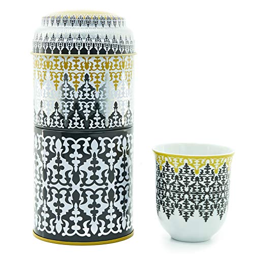 IMAGES D'ORIENT Geschenkset 2 in 1 Metalldosen mit 2 x 90ml Porcalain Espressotassen Espressobecher Moccatassen orientalisch Gemustert Safra von IMAGES D'ORIENT