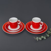 Vintage Espresso Trios Von Karolina Porzellan Aus Polen, in Neuwertigem Zustand. Witziges Rot-Weiß-Kaffee-Set Mit Untertasse, Unterteller Und von Imaginaarium