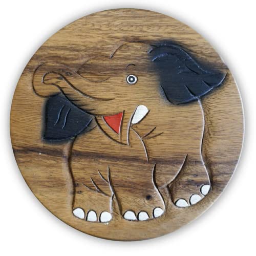 IMAGO Kinderhocker Holz Schemel Kinderstuhl Massivholz bemalt und geschnitzt Höhe 25 cm (Elefant, Brown) von IMAGO