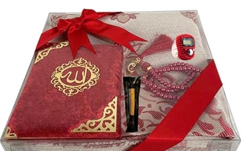 Geschenkbox -Muslimische Islamicher Geschenke mit Buchen,Gebetsteppich und Gebetskette- Seccade- Gebetsteppich-Prayer Rug- Sajadah- Islamischen-Namaz- Janamaz- Islam (Rot 1) von Imani Aksa