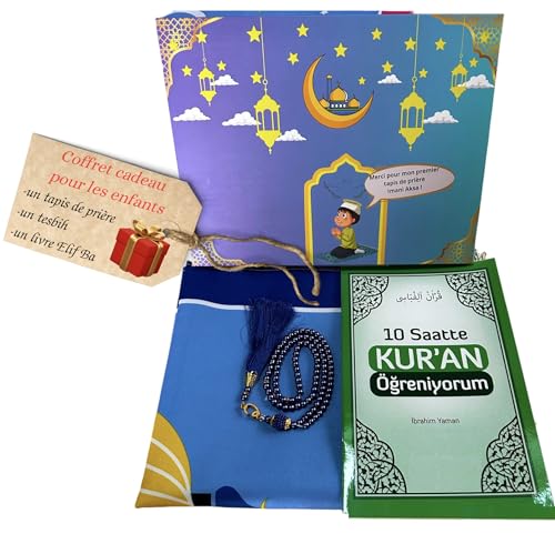 Geschenkbox für muslimische Kinder – (Gebetsteppich, Tesbih und ein Elif-Ba-Buch) – Seccade – kleiner Gebetsteppich – muslimischer Gebetsteppich – Islam-Box – Ramadan, Eid Hajj, Mevlid (Blau) von Imani Aksa