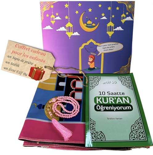 Geschenkbox für muslimische Kinder – (Gebetsteppich, Tesbih und ein Elif-Ba-Buch) – Seccade – kleiner Gebetsteppich – muslimischer Gebetsteppich – Islam-Box – Ramadan, Eid Hajj, Mevlid (Pink) von Imani Aksa