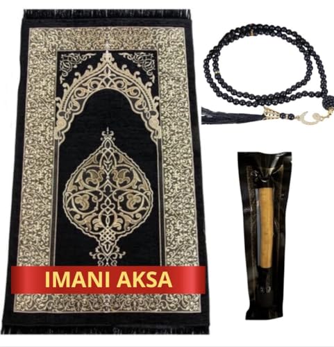 Imani Aksa Geschenkbox -Muslimische Islamicher Geschenke mit Gebetsteppich, Misvak und Gebetskette- Seccade- Gebetsteppich-Prayer Rug- Sajadah- Islamischen-Namaz- Janamaz- Islam (Schwarz) von Imani Aksa