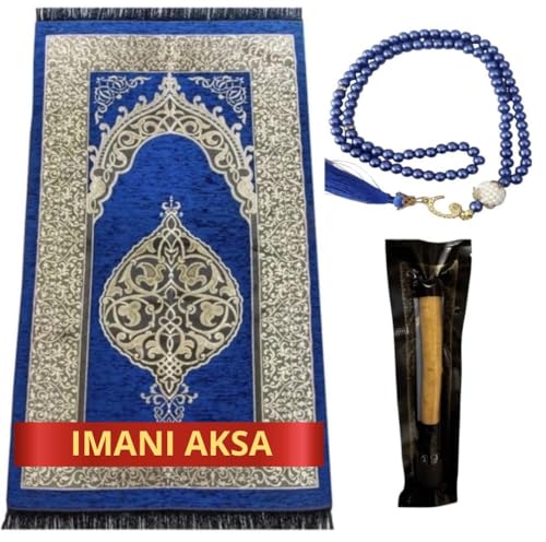 Imani Aksa Geschenkbox -Muslimische Islamicher Geschenke mit Gebetsteppich, Misvak und Gebetskette- Seccade- Gebetsteppich-Prayer Rug- Sajadah- Islamischen-Namaz- Janamaz- Islam (Blau) von Imani Aksa