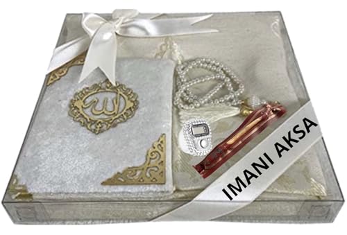 mani Aksa Geschenkbox mit Miswak -Muslimische Islamicher Geschenke mit Gebetsteppich, Misvak und Gebetskette- Seccade- Gebetsteppich-Prayer Rug- Sajadah- Islamischen-Namaz (Weiße Schachtel mit Band) von Imani Aksa