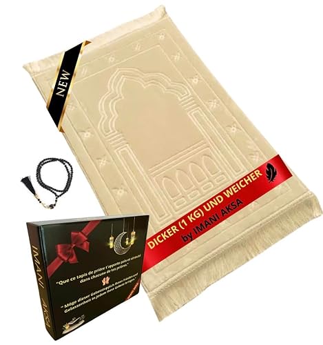 Imani Aksa Muslimischer Gebetsteppich, 1 kg, super bequem und extra weich, mit Tesbih - Geschenkbox Muslim Dekoration Ramadan (beige) von Imani Aksa