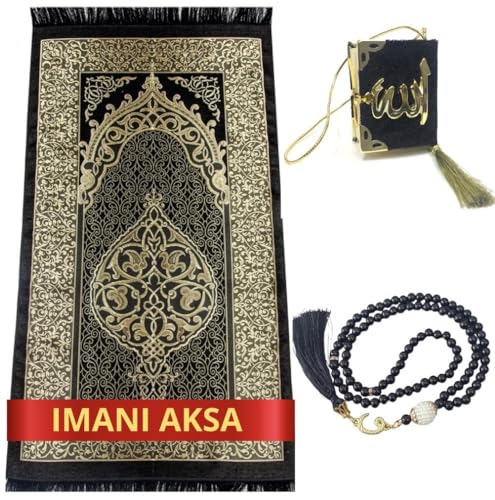 Imani Aksa Muslimisches Geschenk-Set (Gebetsteppich, Tasbih), Gebetsteppich – Muslimischer Gebetsteppich – Box Islam-Ramadan, Eid Hajj, Umrah, Hochzeit, Geburt, Mevlid Muslim (schwarz) von Imani Aksa
